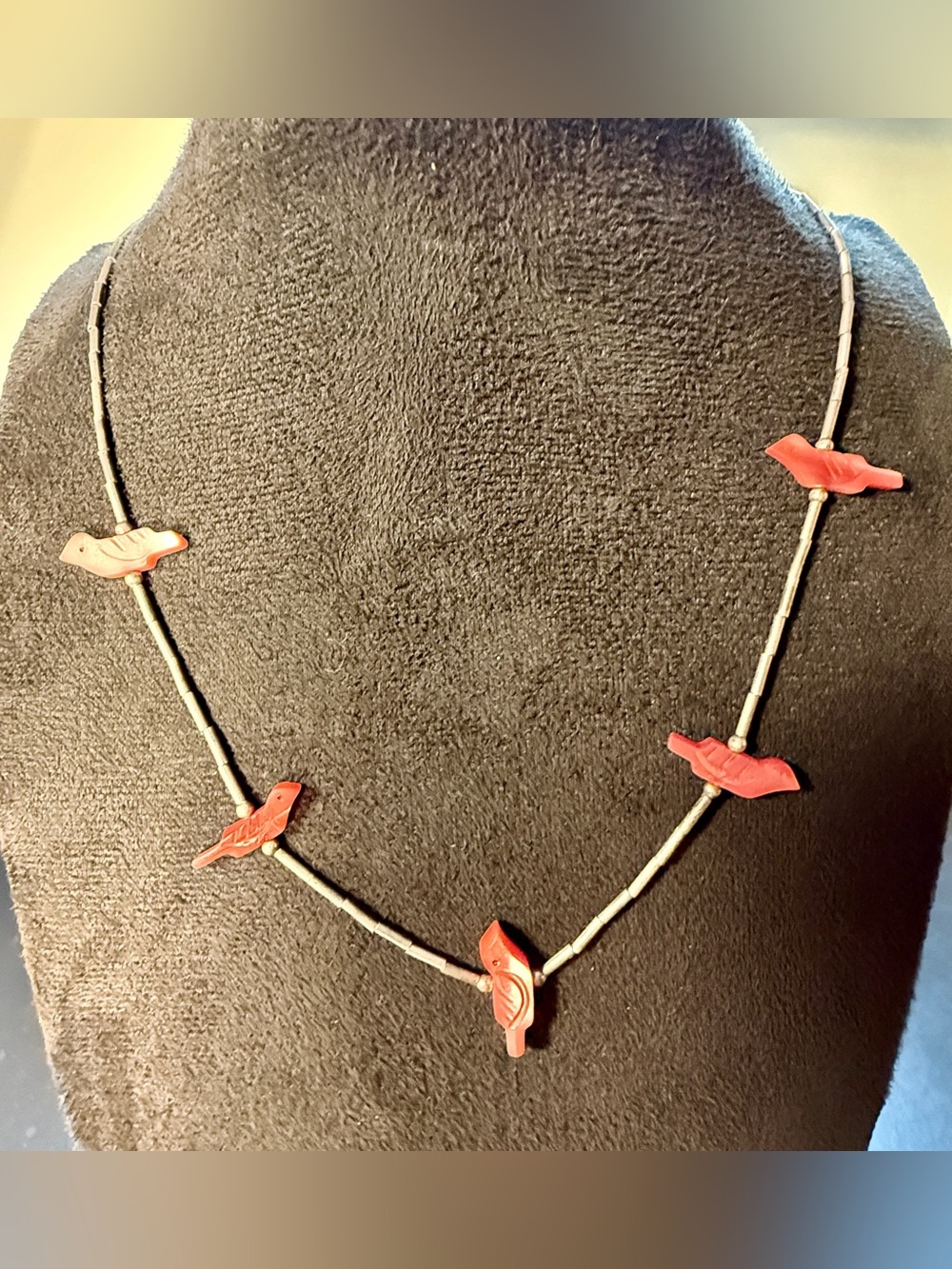 Vintage Native American Silver & Coral Beaded Bird Necklace